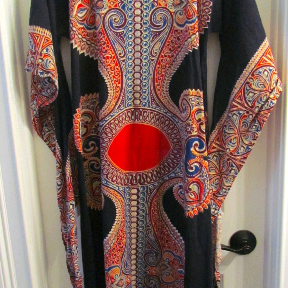 Brightly patterned floor-length gown